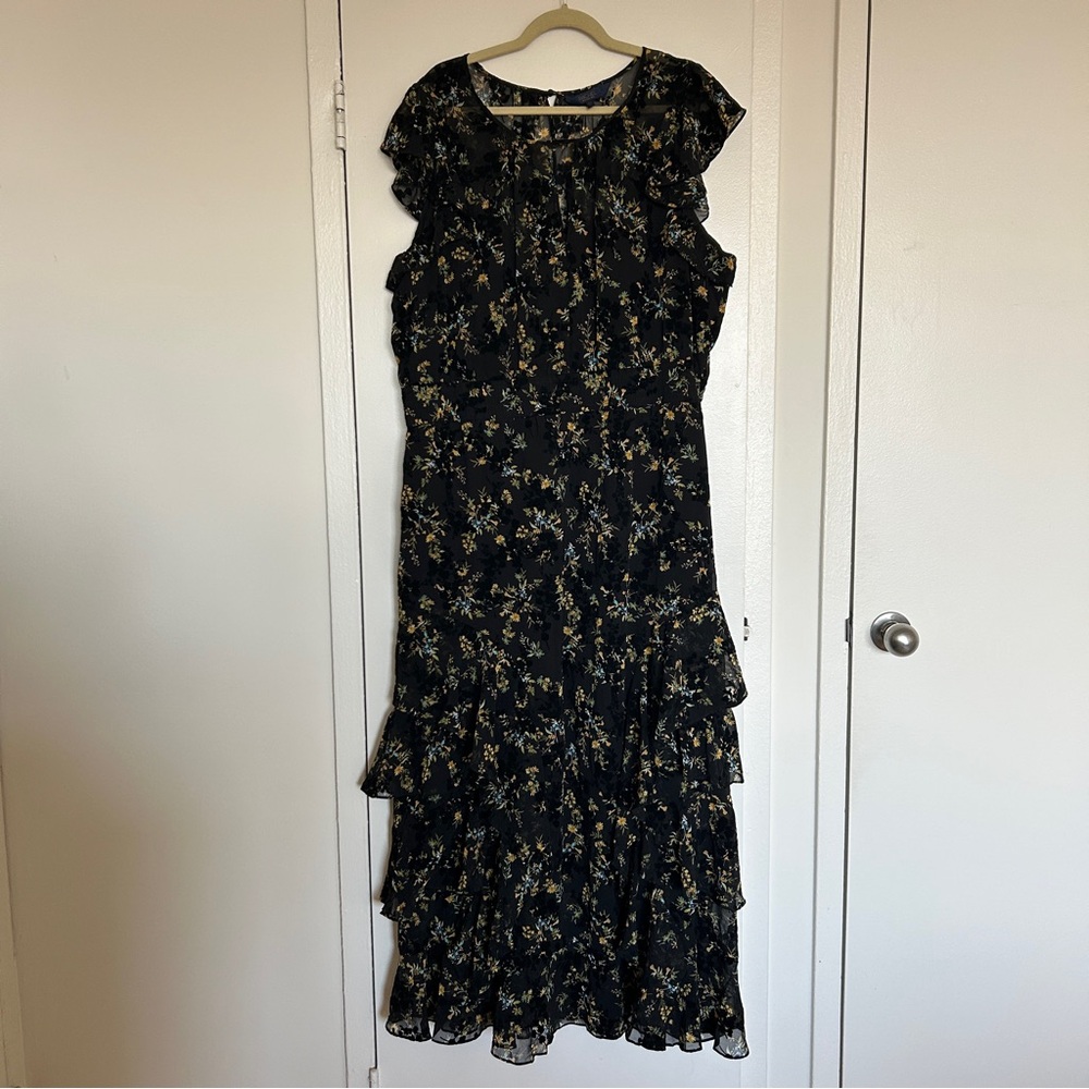 Rachel Roy Tiered Ruffled Boho Maxi Dress in Black Floral (Plus Size 18W)